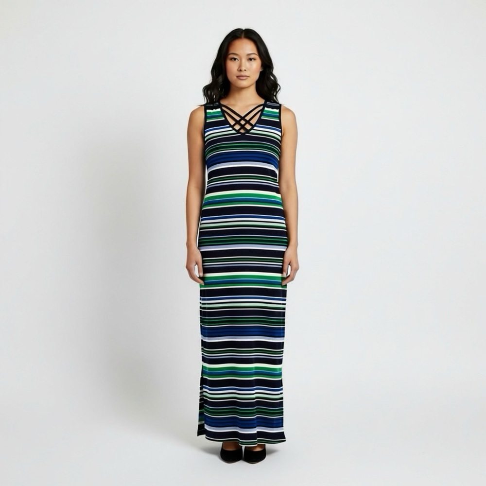 Derek‎ Heart Vibrant Striped Criss-Cross Maxi Dress Blue & Green Vacation Dress